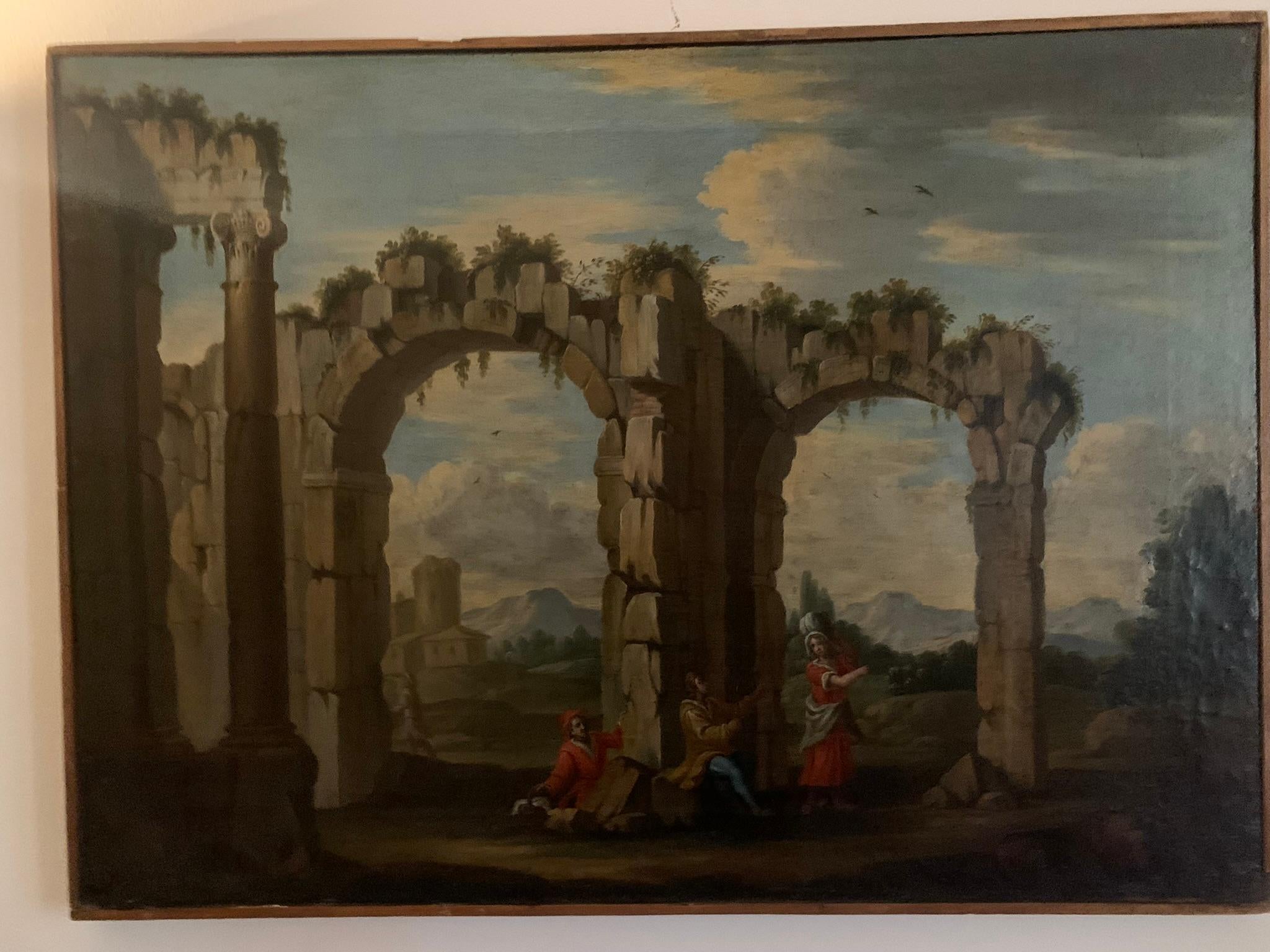 Roman school. Architectural Capriccio with Lazio landscape. Early 18th century.  8
