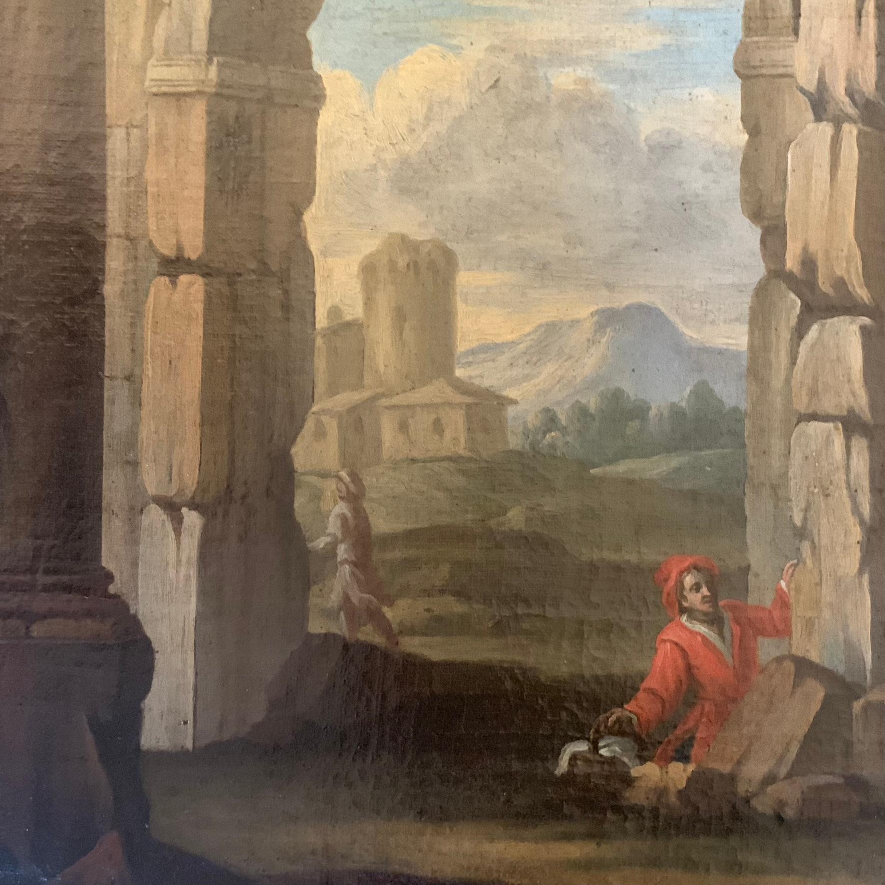 Roman school. Architectural Capriccio with Lazio landscape. Early 18th century.  - Italian School Painting by Giuseppe Longhi 