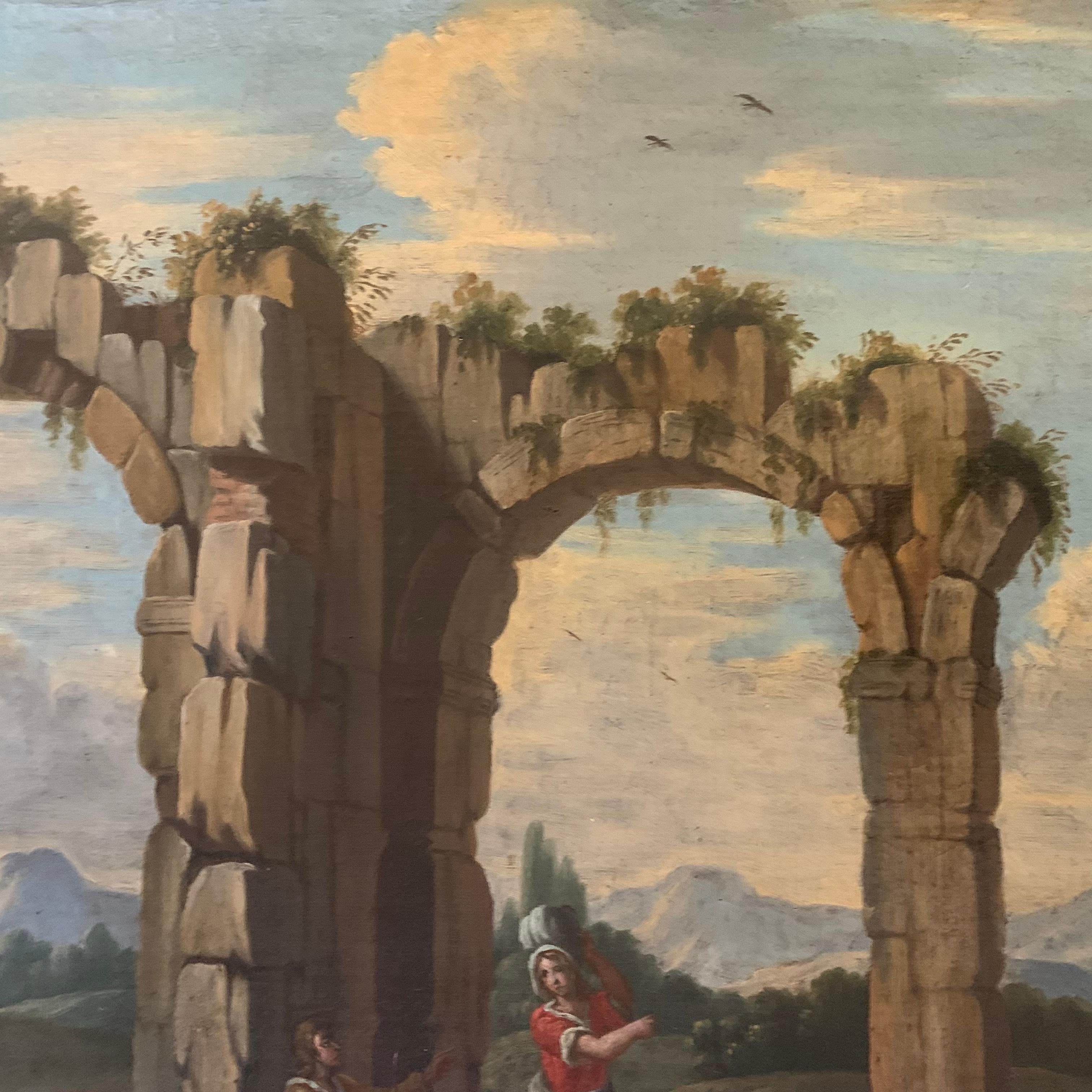 Roman school. Architectural Capriccio with Lazio landscape. Early 18th century.  1