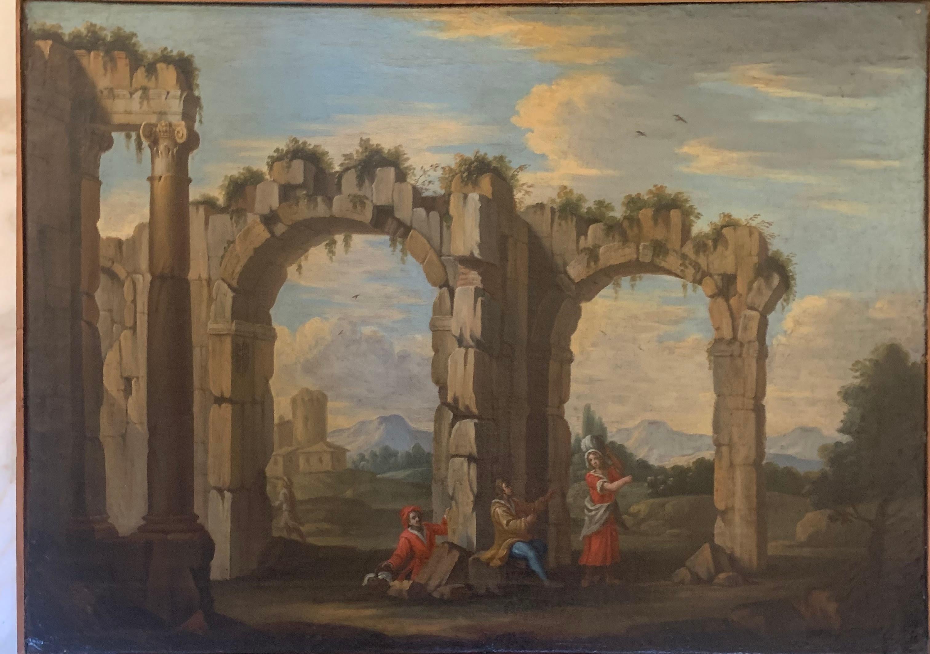 Roman school. Architectural Capriccio with Lazio landscape. Early 18th century.  3