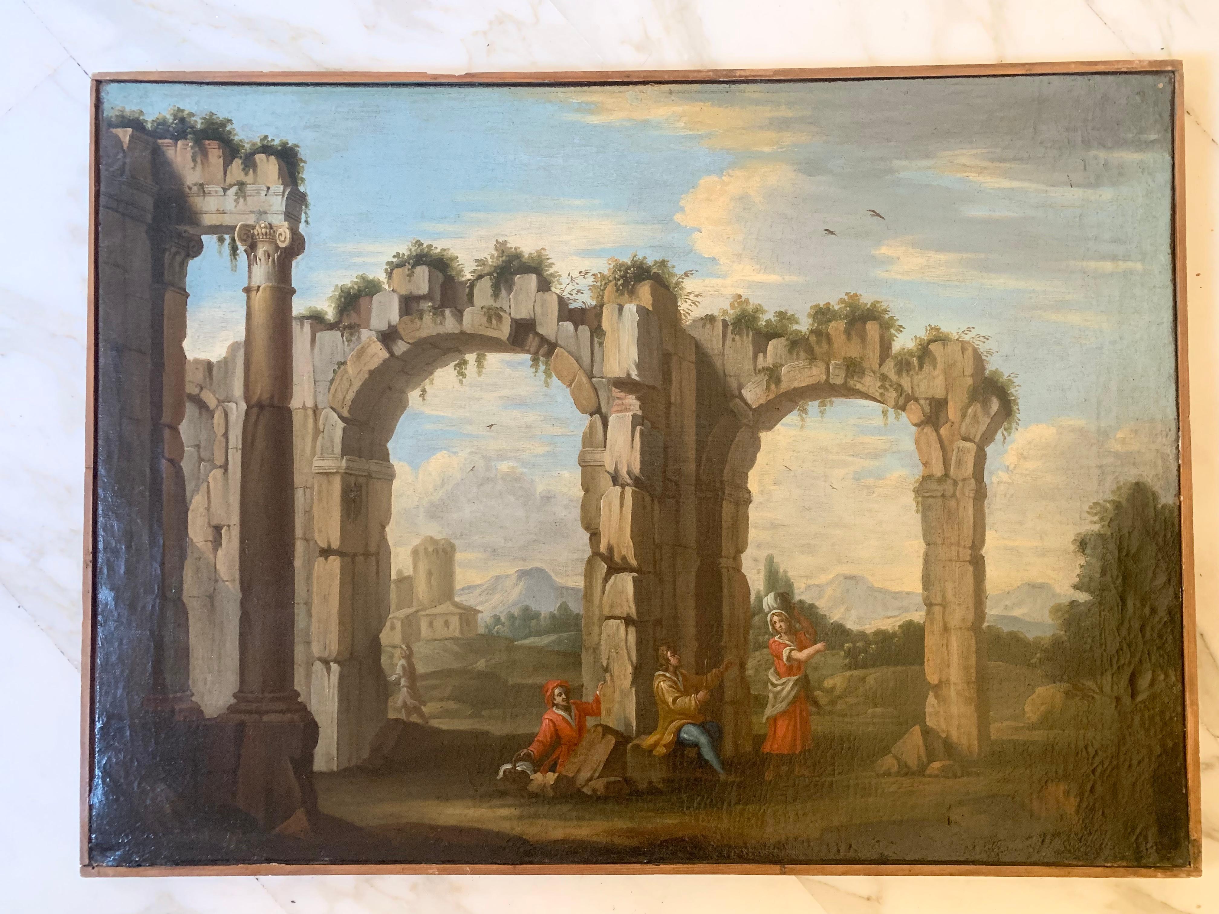 Roman school. Architectural Capriccio with Lazio landscape. Early 18th century.  5