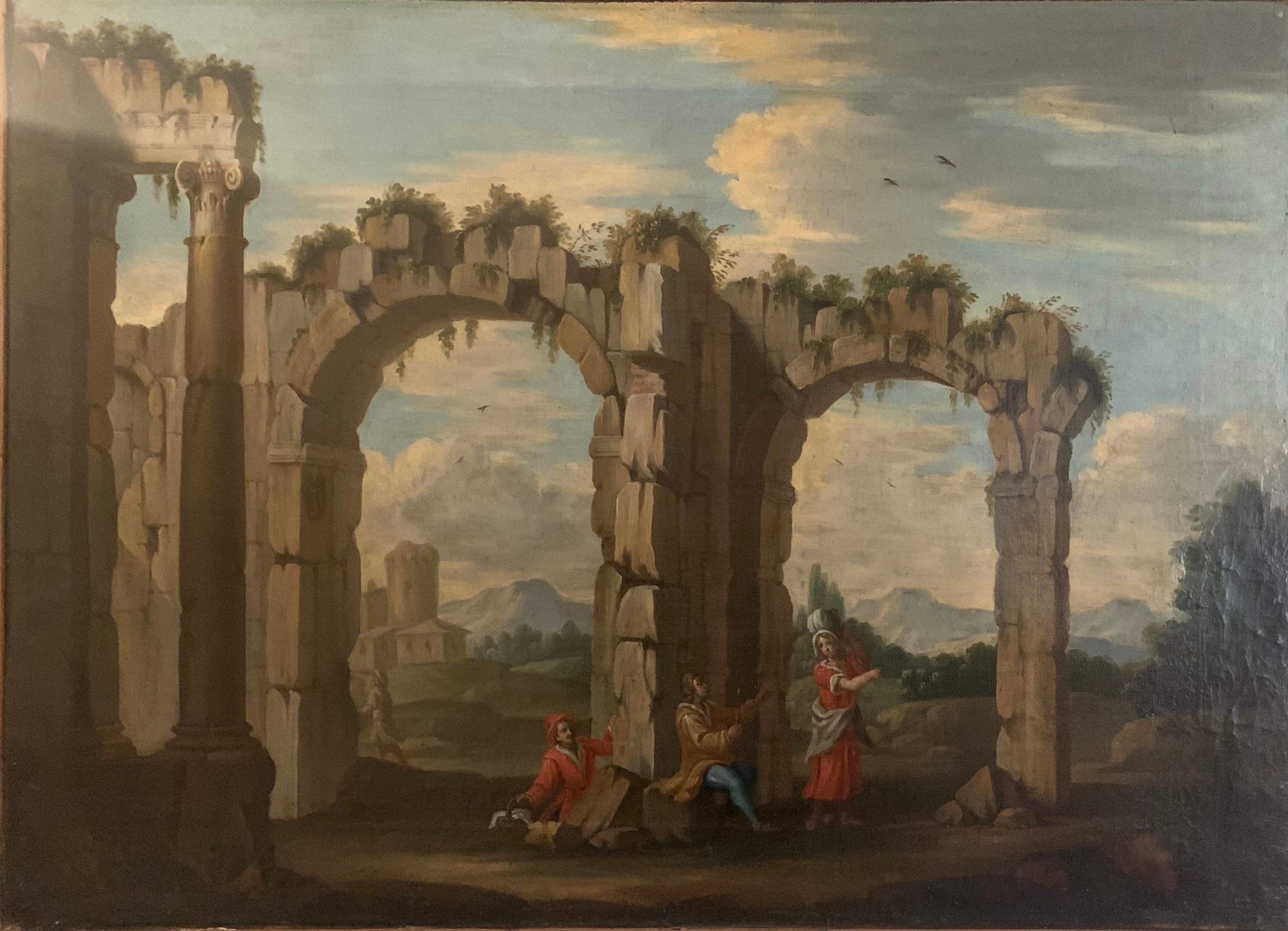 Giuseppe Longhi  Landscape Painting - Roman school. Architectural Capriccio with Lazio landscape. Early 18th century. 