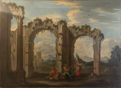 Roman school. Architectural Capriccio with Lazio landscape. Early 18th century. 