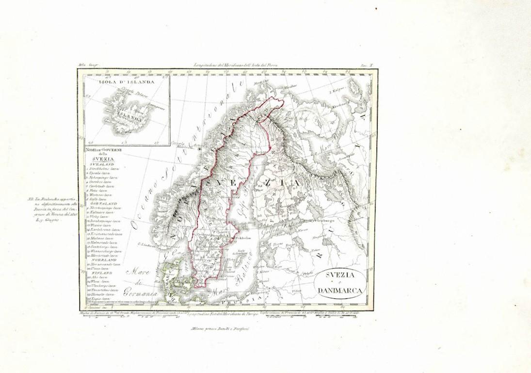 Ancient Map of Denmark and Sweden - Original Etching - 19th Century - Print by Giuseppe Malandrino
