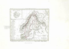 Antica mappa della Danimarca e della Svezia - Incisione originale - XIX secolo
