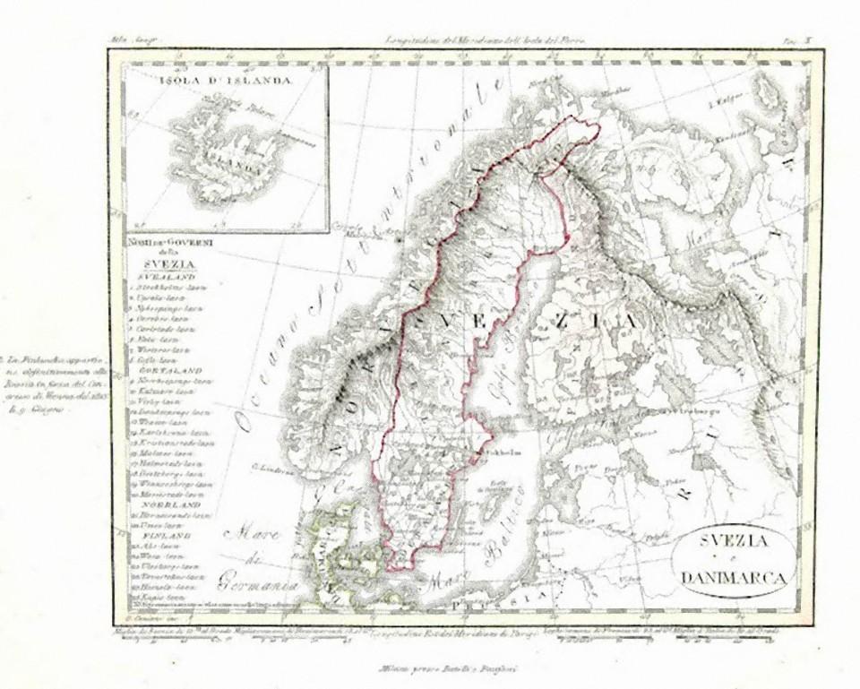 Giuseppe Malandrino Landscape Print - Ancient Map of Denmark and Sweden - Original Etching - 19th Century
