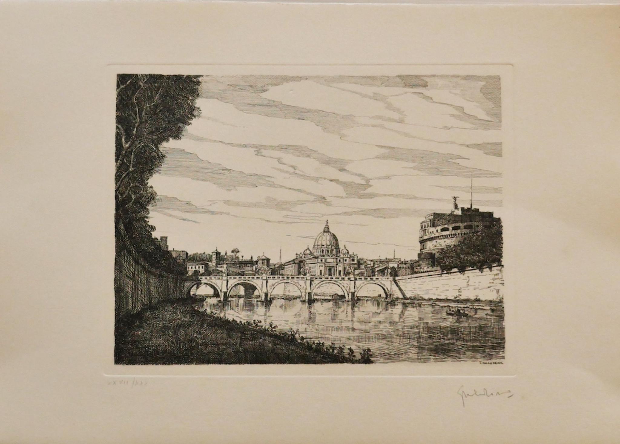 Castel Sant'Angelo - Original Etching by Giuseppe Malandrino - 1970s