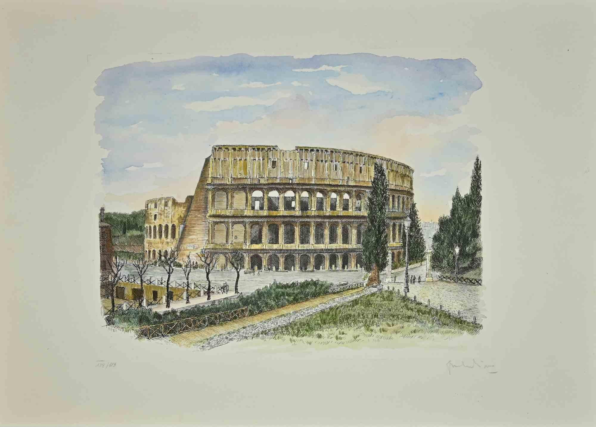 Colosseum is an artwork realized by Giuseppe Malandrino in the 1970s.

Mixed colored etching.

Hand signed and numbered on the lower margin.

Edition of 138/199.