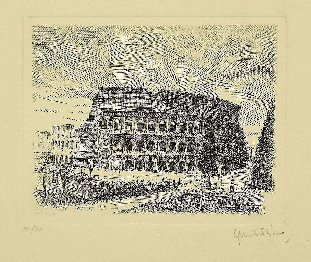 Colosseum is an original etching realized in 1970s by Giuseppe Malandrino.

Hand-signed by the artist in pencil on the lower right corner.

Good conditions.

Numbered, edition: 50/90

Sheet dimension: 40 x 60

This artwork shows a glimpse of the