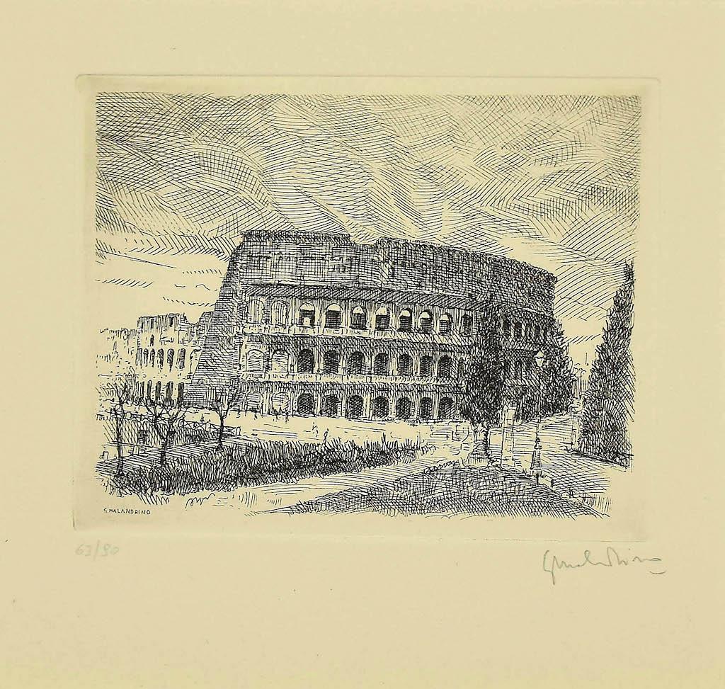 Colosseo is an etching realized in 1970s by Giuseppe Malandrino.

Hand-signed by the artist in pencil on the lower right corner.

Good conditions.

Numbered, edition: 62/90

Sheet dimension: 40 x 60

This artwork shows a glimpse of the ancient