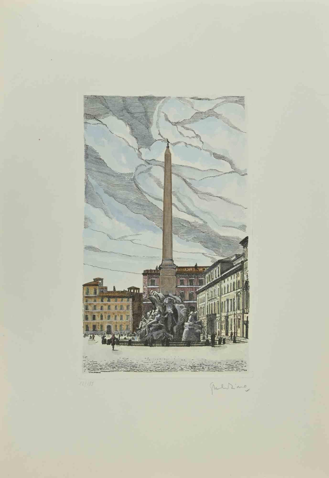 Fontana dei Quattro Fiumi -  Etching by Giuseppe Malandrino - 1970s