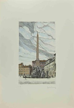 Fontana dei Quattro Fiumi -  Etching by Giuseppe Malandrino - 1970s