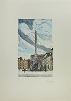 Fontana dei Quattro Fiumi -  Etching by Giuseppe Malandrino - 1970s