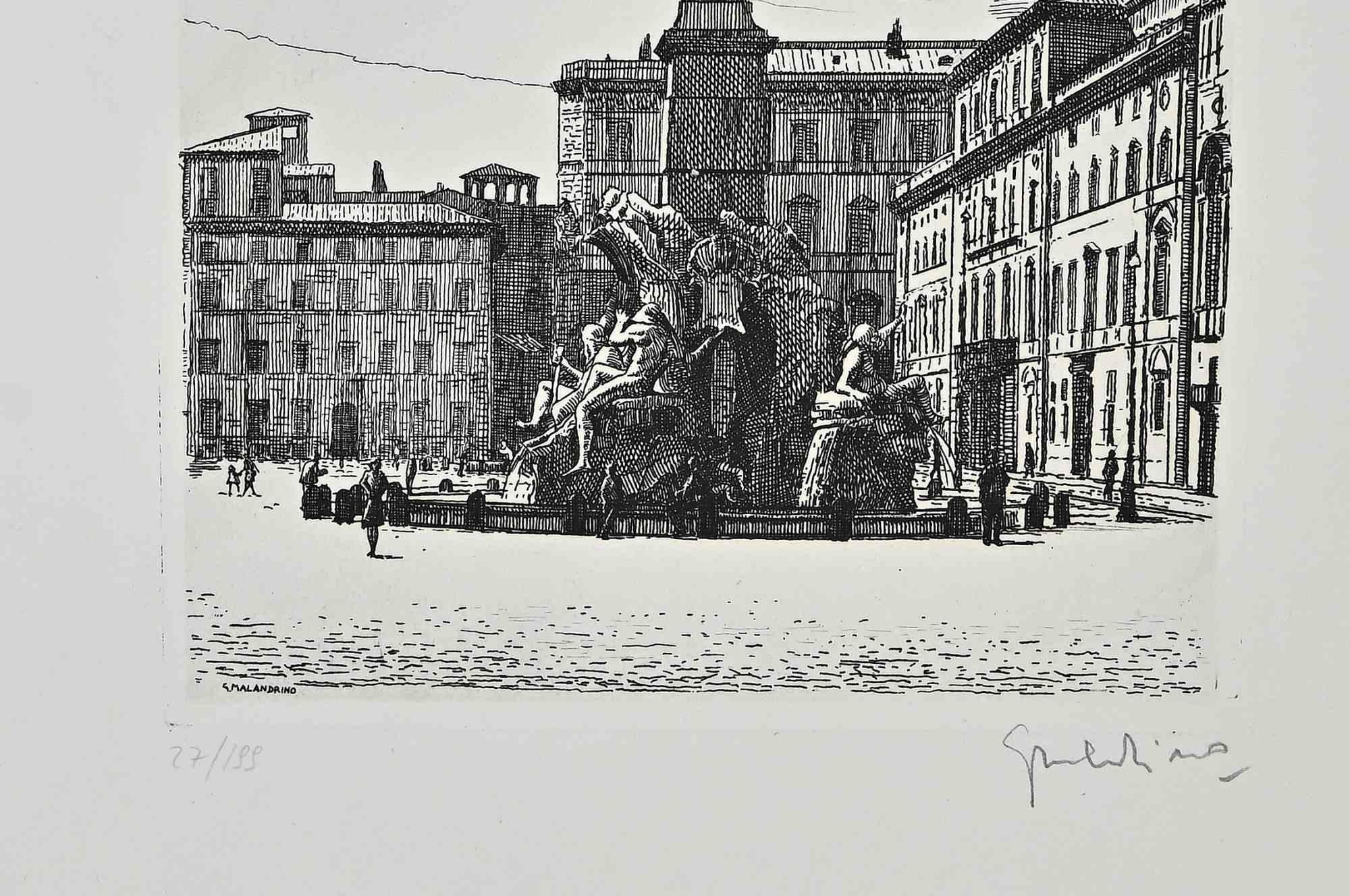 Fountain of the 4 Rivers in Piazza Navona-Etching by Giuseppe Malandrino - 1970s For Sale 1