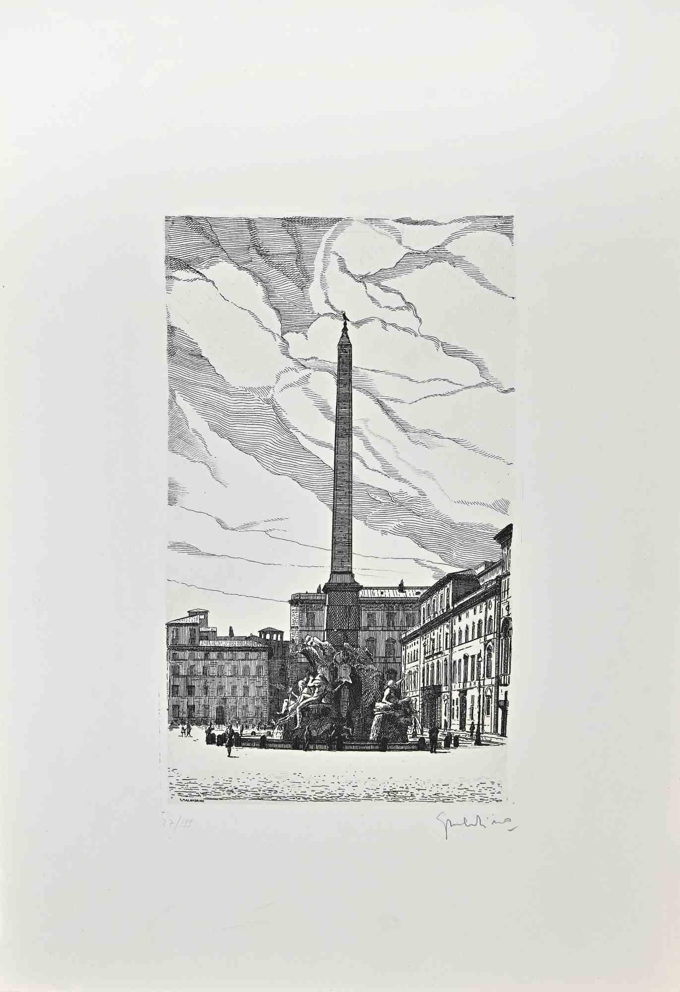 Fountain of the 4 Rivers in Navona Square is an artwork realized by Giuseppe Malandrino.

Print in etching technique.

Hand-signed by the artist in pencil on the lower right corner.

Numbered edition of 199 copies.

Good condition. 

This artwork
