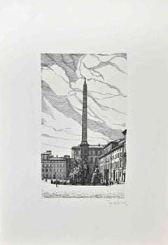 Fontaine des 4 rivières dans la Piazza Navona - gravure de Giuseppe Malandrino - 1970