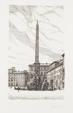 Vintage Fountain of the 4 Rivers - Navona Square -  Etching by G. Malandrino - 1970