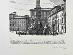 Springbrunnen der vier Flüsse –  Radierung von Giuseppe Malandrino – 1970er Jahre