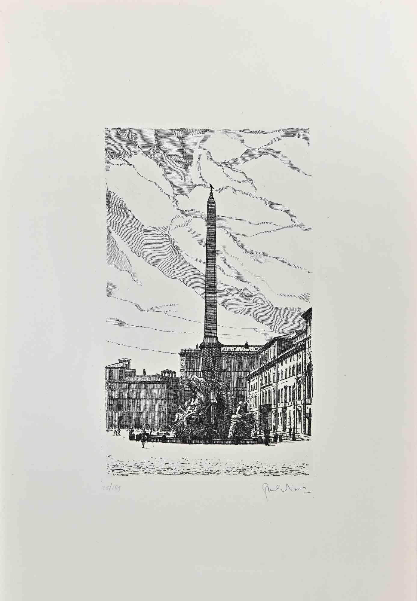 Fountain of the Four Rivers is a contemporary artwork realized in 1970 by the Italian artist Giuseppe Malandrino (Modica, 1910 - Rome, 1979).

Etching on cardboard. Hand-signed in pencil lower right.

Numbered bottom left 28/199.

Signed on the