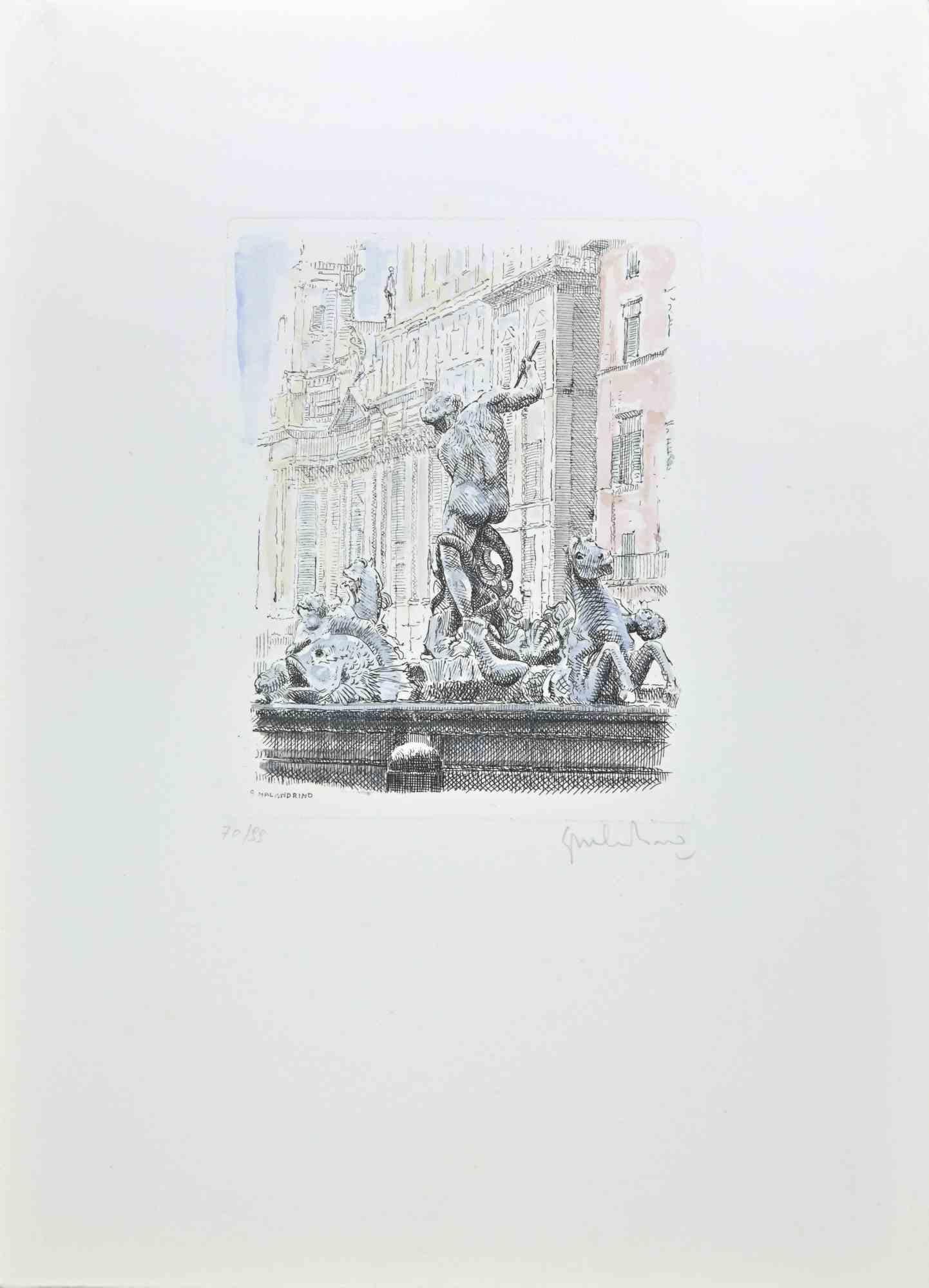 Fountain of the Triton is an artwork realized by Giuseppe Malandrino.

Original print in etching technique, hand watercolored.

Hand-signed by the artist in pencil on the lower right corner.

Numbered edition of 99 copies.

Good condition. 

This