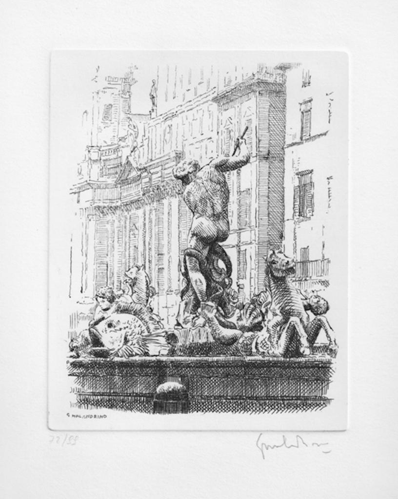 Fuente del Tritón-Piazza Navona - Aguafuerte de Giuseppe Malandrino - Años 70