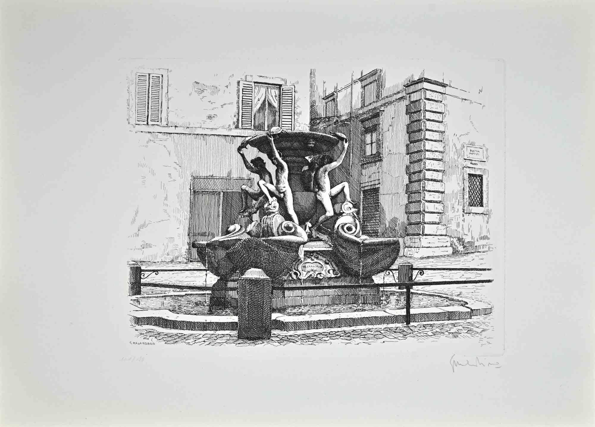 Fountain of the Turtles is an artwork realized by Giuseppe Malandrino.

Print in etching technique.

Hand-signed by the artist in pencil on the lower right corner.

Numbered edition of 199 copies.

Good condition. 

This artwork represents the