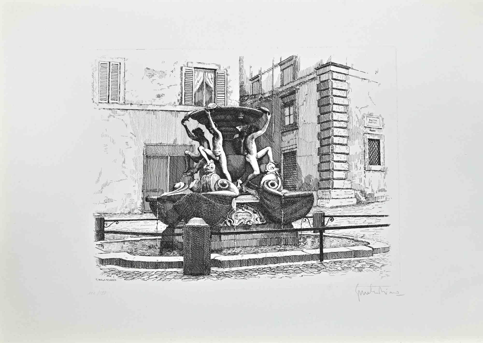 Turtle Fountain - Rome is an artwork realized by Giuseppe Malandrino.

Original print in etching technique.

Hand-signed by the artist in pencil on the lower right corner.

Numbered n. 102/199 edition on the lower left corner.

Good conditions.