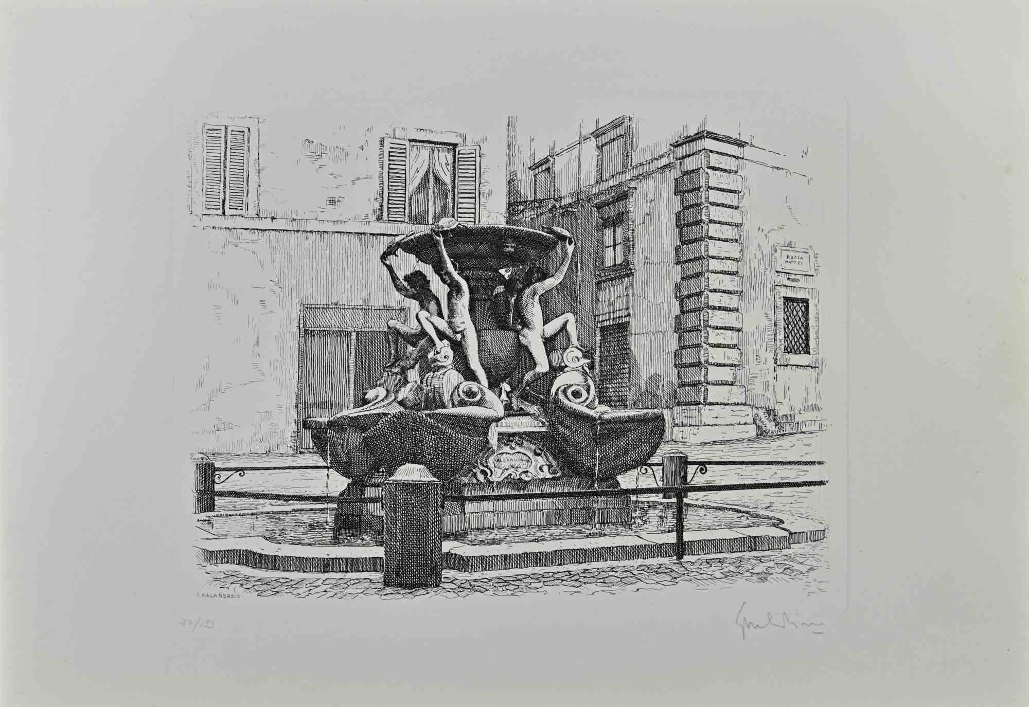 Fontaine des tortues - eau-forte originale de Giuseppe Malandrino - années 1950