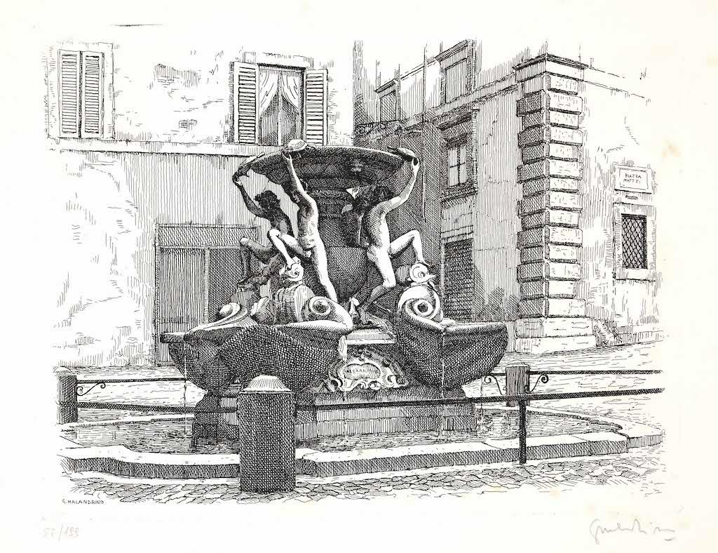 Fontaine des tortues - eau-forte originale de Giuseppe Malandrino - 1970