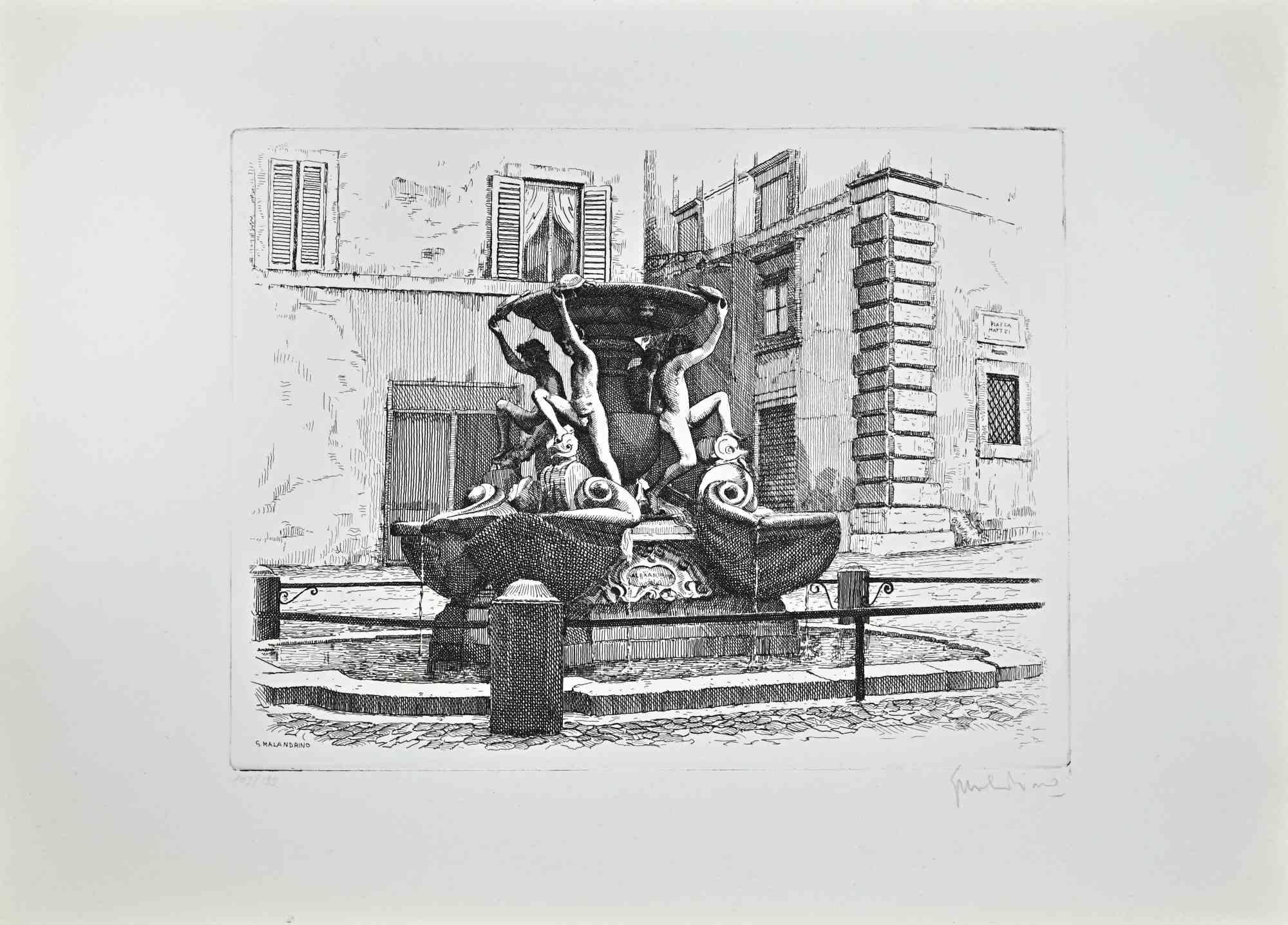 Fountain of the Turtles -Rome is an artwork realized by Giuseppe Malandrino.

Original print in etching technique.

Hand-signed by the artist in pencil on the lower right corner.

Numbered n. 103/199 edition on the lower left corner.

Good