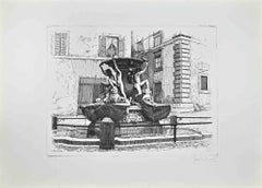Fountain of the Turtles -Rome -  Etching by Giuseppe Malandrino - 1970s