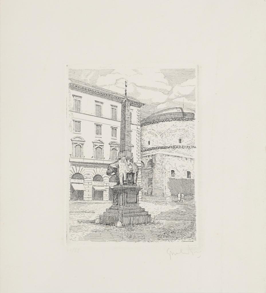 Minerva Square ist eine Radierung, die in den 1970er Jahren von Giuseppe Malandrino geschaffen wurde.

Vom Künstler in der rechten unteren Ecke mit Bleistift handsigniert.

Links unten mit Bleistift nummeriert, Auflage 30/99 Abzüge.

Gute