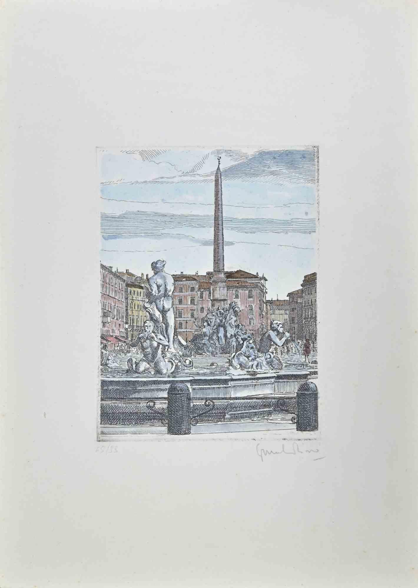 Navona Square is an etching realized in the  1960s by Giuseppe Malandrino .

Original hand-colored print.

Hand-signed by the artist in pencil on the lower right corner.

Numbered, edition 65/99.

Good conditions.

This artwork shows a glimpse of