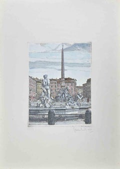 Vintage Navona Square -  Etching by Giuseppe Malandrino - 1960s