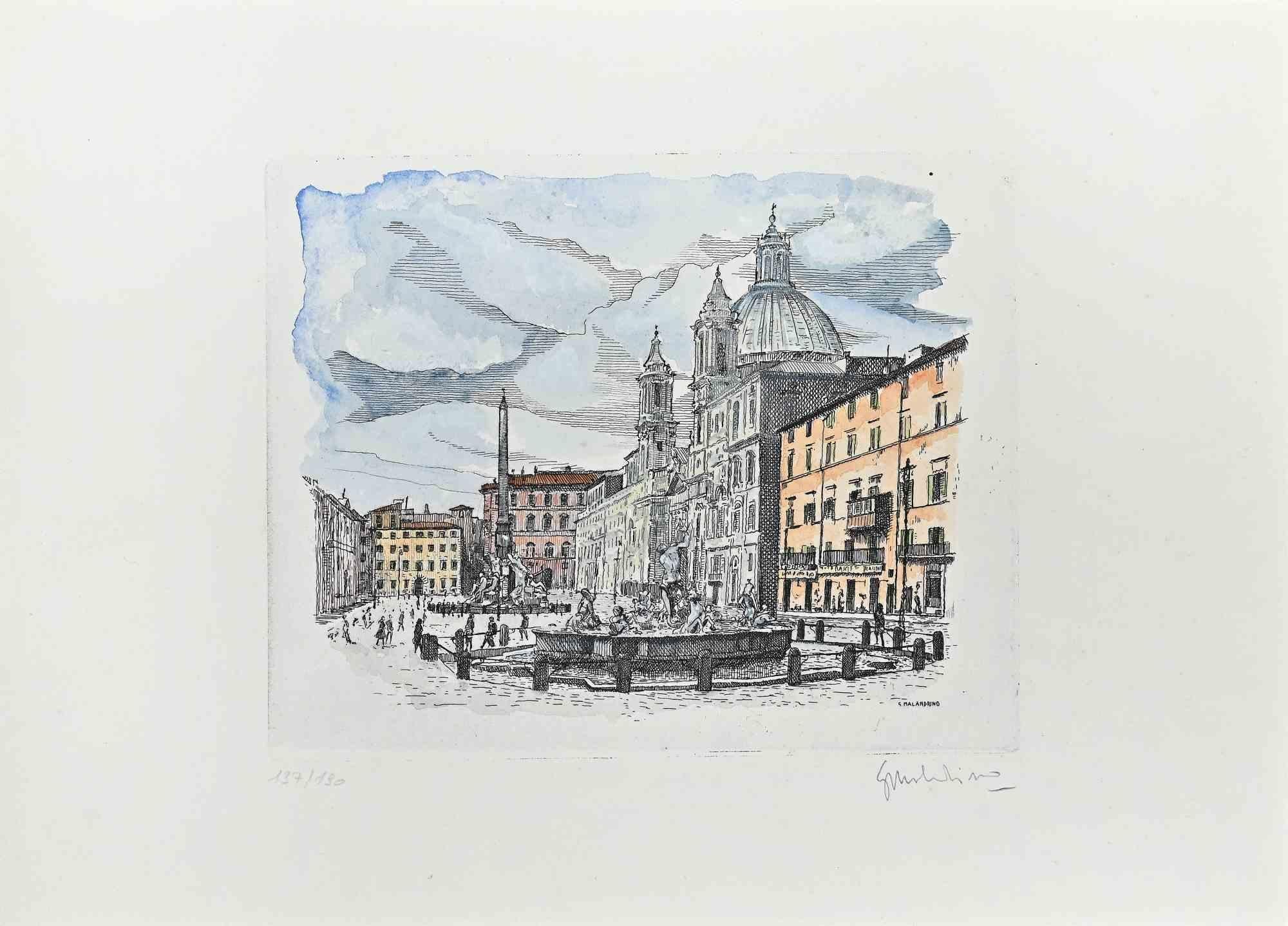 Navona Square ist ein Kunstwerk von Giuseppe Malandrino.

Druck in Ätztechnik.

Vom Künstler in der rechten unteren Ecke mit Bleistift handsigniert.

Nummerierte Auflage von 190 Exemplaren.

Guter Zustand. 

Dieses Kunstwerk stellt den schönen
