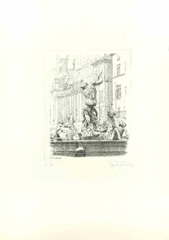 Vintage Navona Square - Etching by Giuseppe Malandrino - 1970s