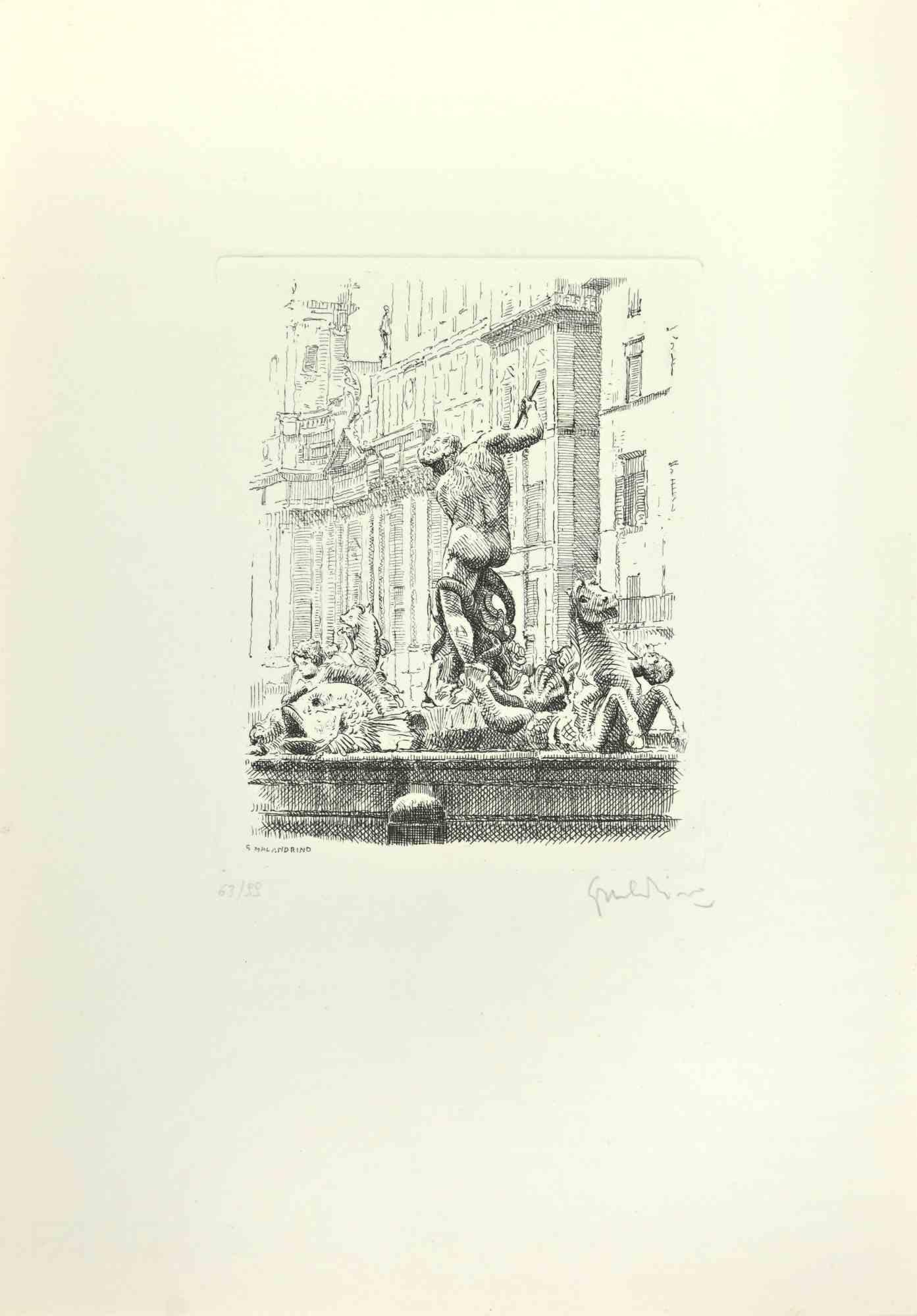 Navona Square is an artwork realized by Giuseppe Malandrino.

Print in etching technique.

Hand-signed by the artist in pencil on the lower right corner.

Numbered edition of 99 copies.

Good condition. 

This artwork represents the beautiful roman