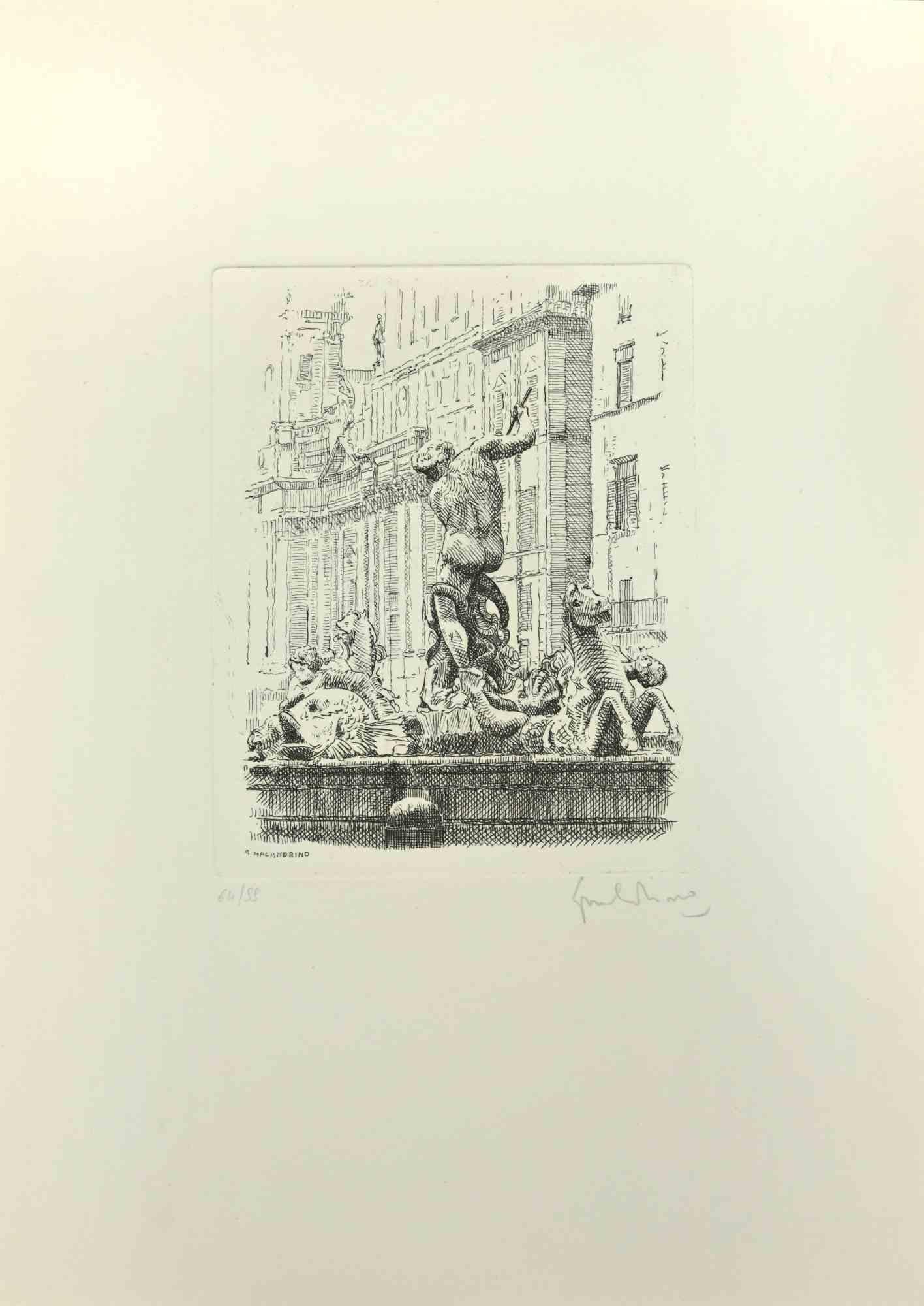Navona Square ist ein Kunstwerk von Giuseppe Malandrino.

Druck in Ätztechnik.

Vom Künstler in der rechten unteren Ecke mit Bleistift handsigniert.

Nummerierte Auflage von 55 Exemplaren.

Guter Zustand. 

Dieses Kunstwerk stellt die wunderschöne