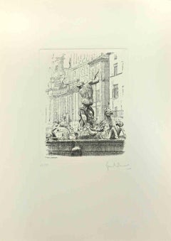 Vintage Navona Square -  Etching by Giuseppe Malandrino - 1970s