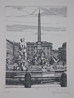 Navona Square - Etching by Giuseppe Malandrino - 1970s