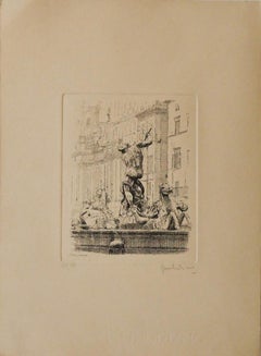 Vintage Navona Square - Etching on Paper by Giuseppe Malandrino - 1970s
