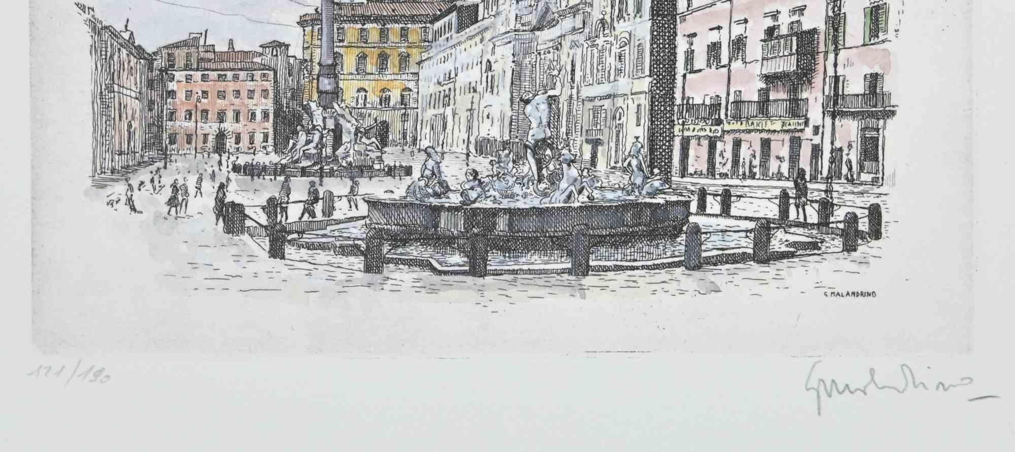 Navona Square - Fountain of 4 Rivers -  Etching by Giuseppe Malandrino - 1970s For Sale 1