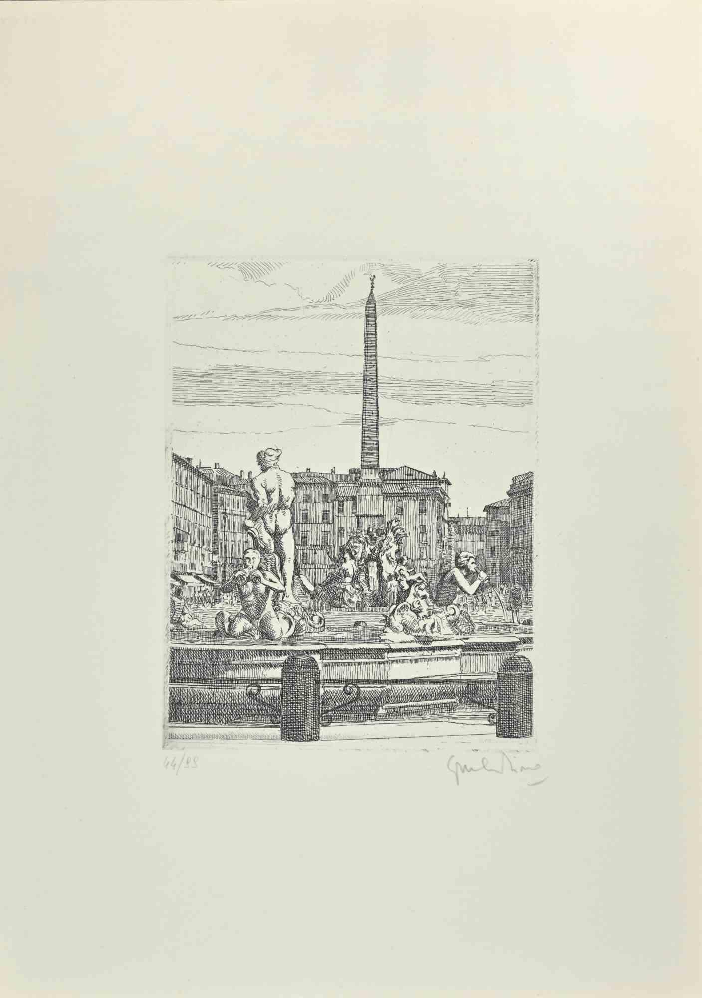 Navona Square - Fountain of 4 Rivers is an artwork realized by Giuseppe Malandrino.

Print in etching technique.

Hand-signed by the artist in pencil on the lower right corner.

Numbered edition of 99 copies.

Good condition. 

This artwork