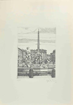 Vintage Navona Square - Fountain of 4 Rivers -  Etching by Giuseppe Malandrino - 1970s