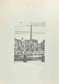 Piazza Navona - Fontana dei 4 Fiumi  Acquaforte di Giuseppe Malandrino - Anni '70