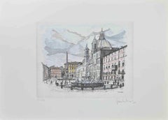 Navona Square - Fountain of 4 Rivers -  Etching by Giuseppe Malandrino - 1970s