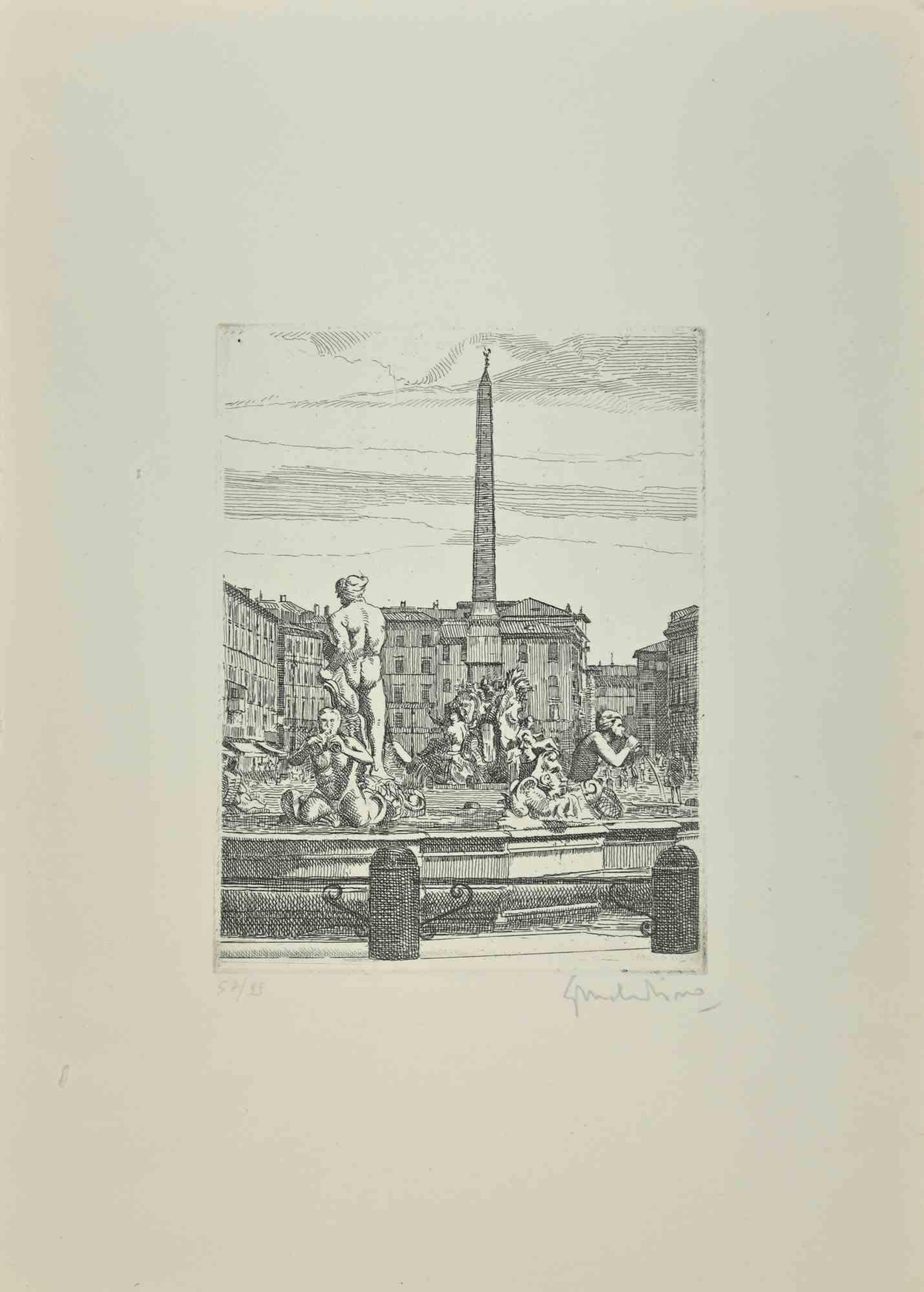 Navona Square - Fountain of 4 Rivers is an artwork realized by Giuseppe Malandrino.

Print in etching technique.

Hand-signed by the artist in pencil on the lower right corner.

Numbered edition of 99 copies.

Good condition. 

This artwork