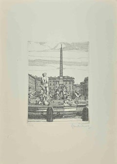 Vintage Navona Square - Fountain of 4 Rivers -  Etching by Giuseppe Malandrino - 1972