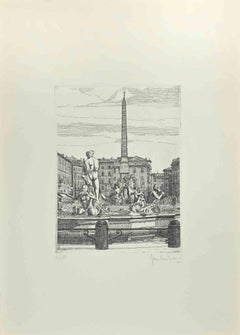 Fontaine de 4 rivières - Navona Square  Gravure de Giuseppe Malandrino - 1972