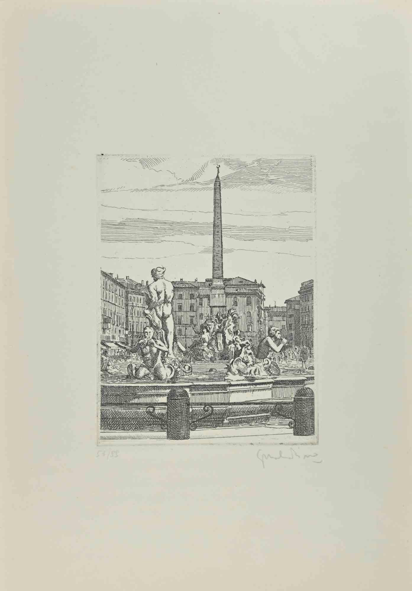 Navona Square - Fountain of 4 Rivers is an artwork realized by Giuseppe Malandrino.

Original print in etching technique.

Hand-signed by the artist in pencil on the lower right corner.

Numbered edition of 99 copies.

Good condition. 

This artwork